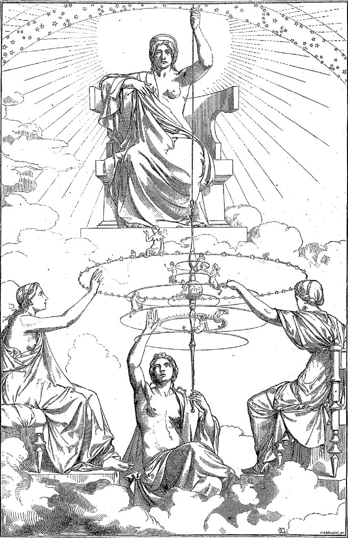 Ananke the personification of Necessity, above the Moirai, the Fates